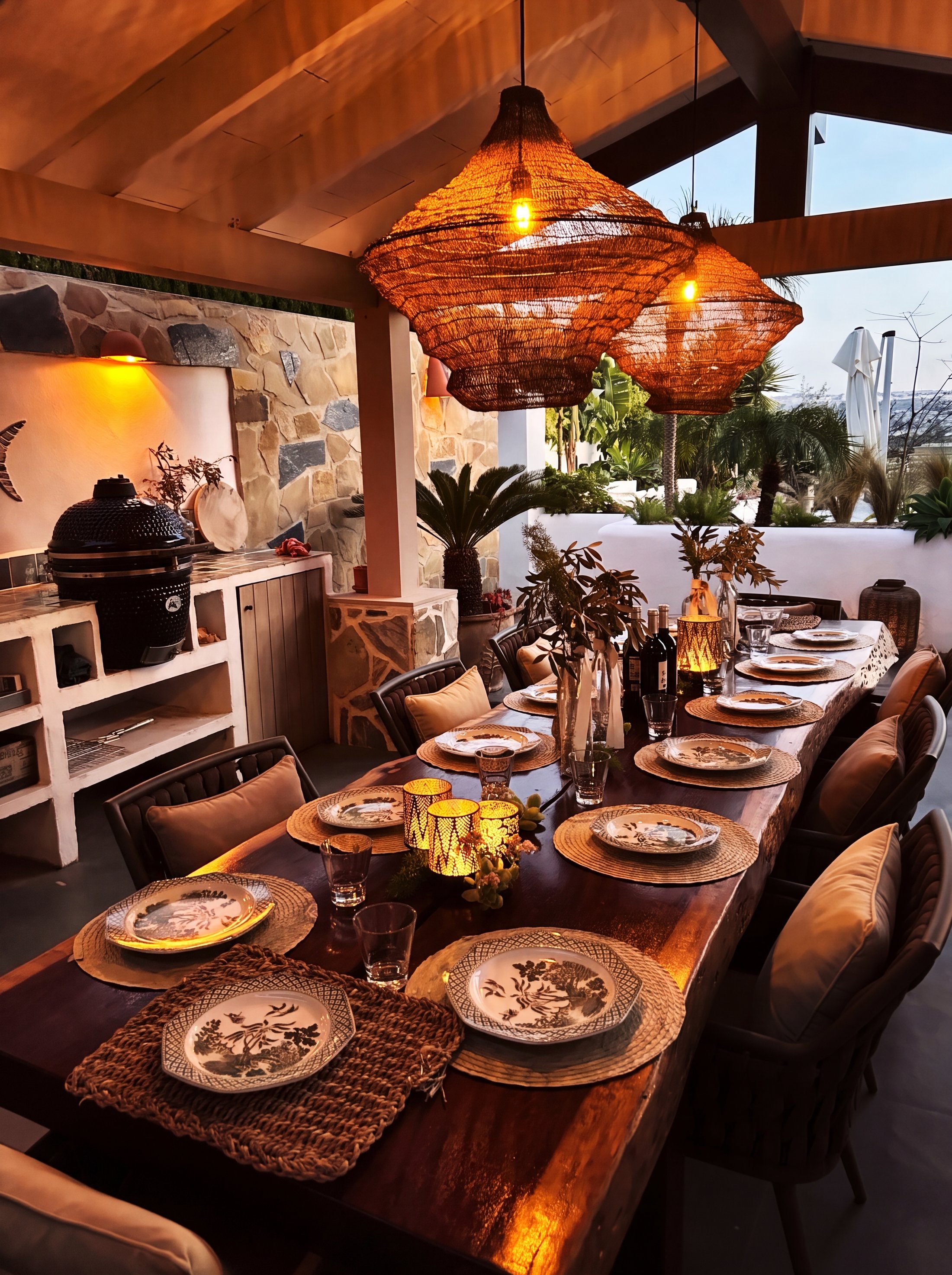Het overdekte eetterras met outdoor kitchen en gedekte tafel in de schemering