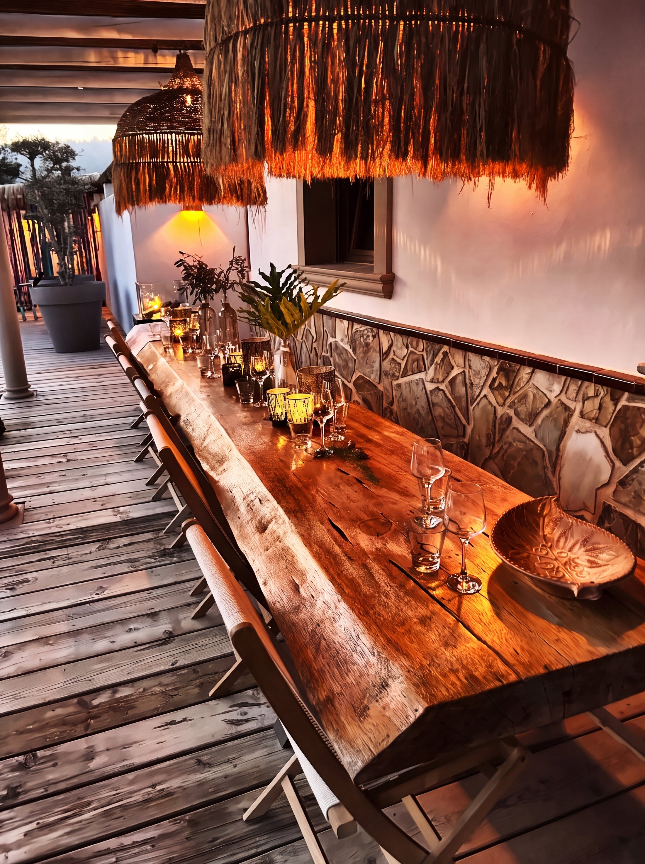 Houten tafel met kaarsen en raffia lampen in warm avondlicht