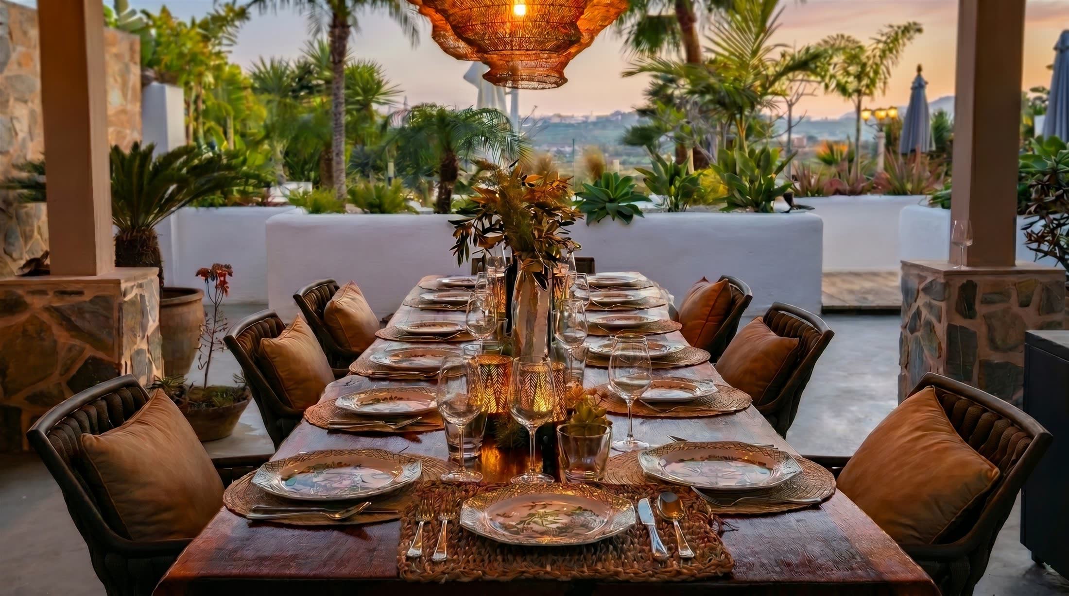Feestelijk gedekte lange tafel op het terras bij zonsondergang, met rieten lamp en uitzicht over de vallei