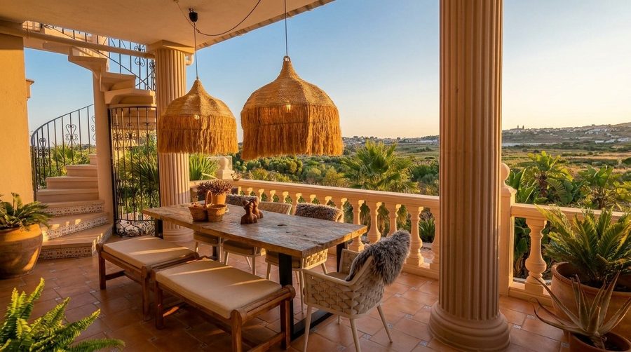 Het grote balkon van Appartement Olive Tree met houten eettafel, raffia lampen en uitzicht over de Vall de Pop