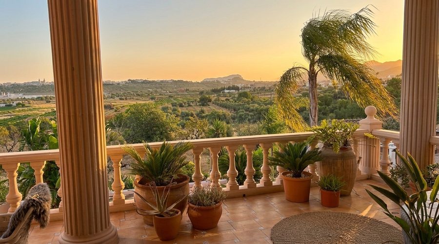 Het uitzicht vanaf het balkon over de vallei bij zonsondergang