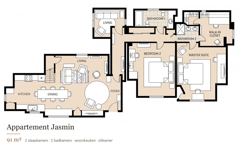 Plattegrond van Appartement Jasmin, 91 m² — woonkeuken, zitkamer, twee slaapkamers waarvan een master suite met walk-in closet