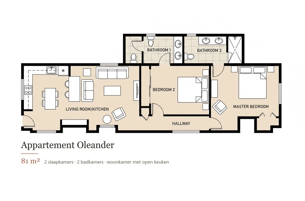 Plattegrond van Appartement Oleander, 81 m² — woonkamer met open keuken, twee slaapkamers en twee badkamers