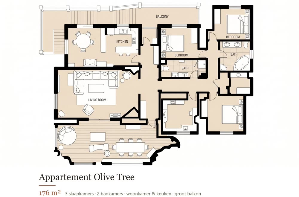 Plattegrond van Appartement Olive Tree, 176 m² — woonkamer, keuken, drie slaapkamers, twee badkamers, groot balkon en terras